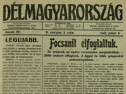 Nagybetűs hír a címlapon (Délmagyarország, 1917. január  9., p. 1.)