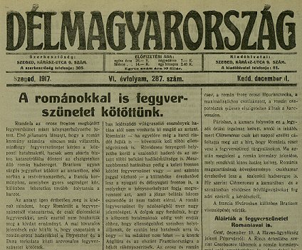 Az oroszok után a románok is aláírták a fegyverszünetet (Délmagyarország, 1917. december  11., p. 1.)